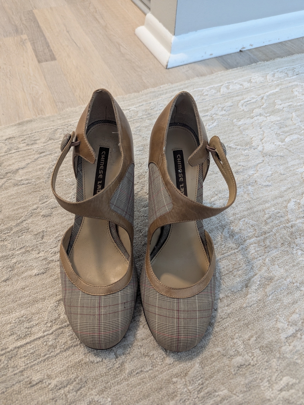 Chinese Laundry Tan Plaid Mary Jane Heels